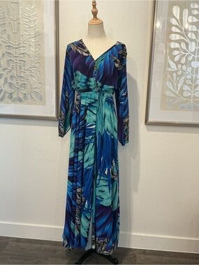 #135 Dolcessa Teal & Blue Floral Wrap Maxi Dress - Women's Long Sleeve
